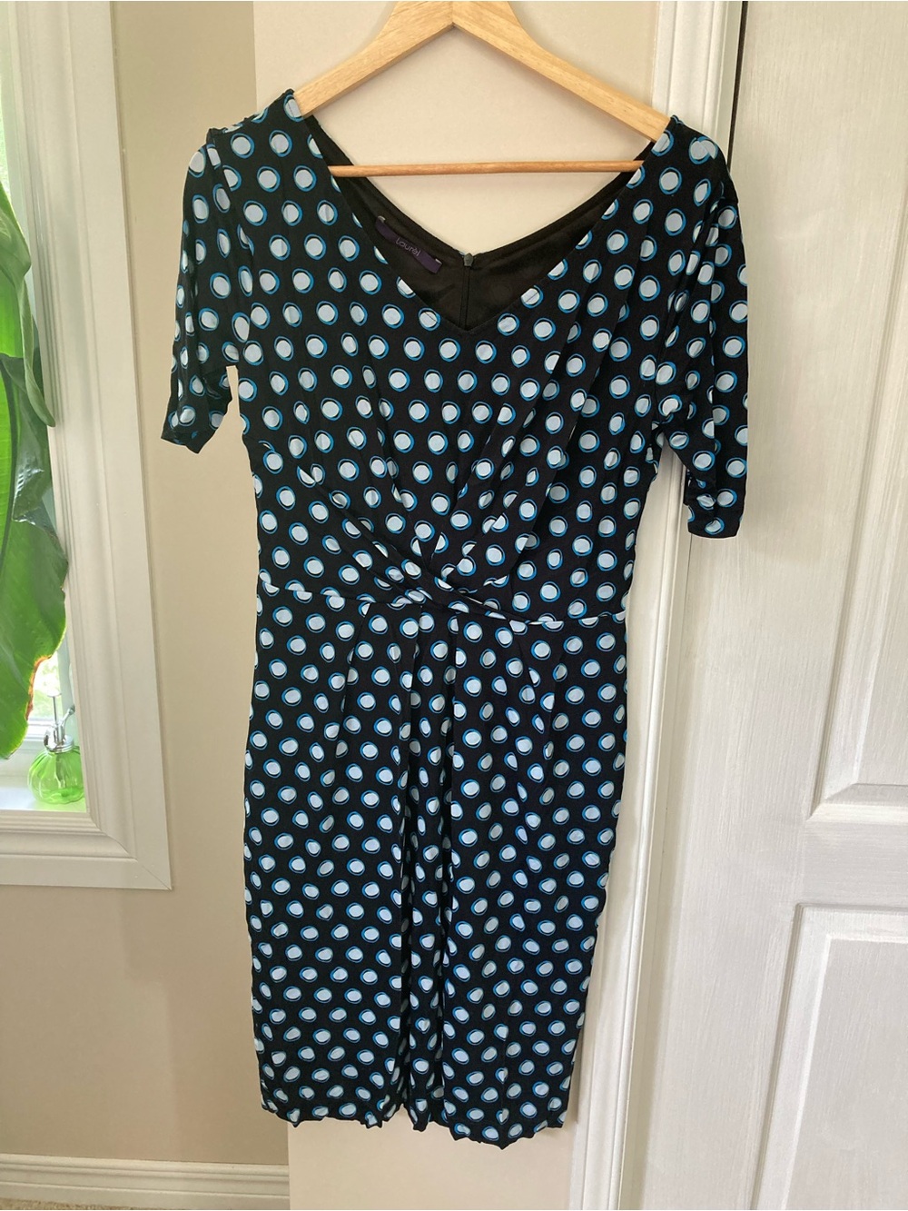 Laurel Polka Dot Twist-Front Dress in Black and Light Blue
